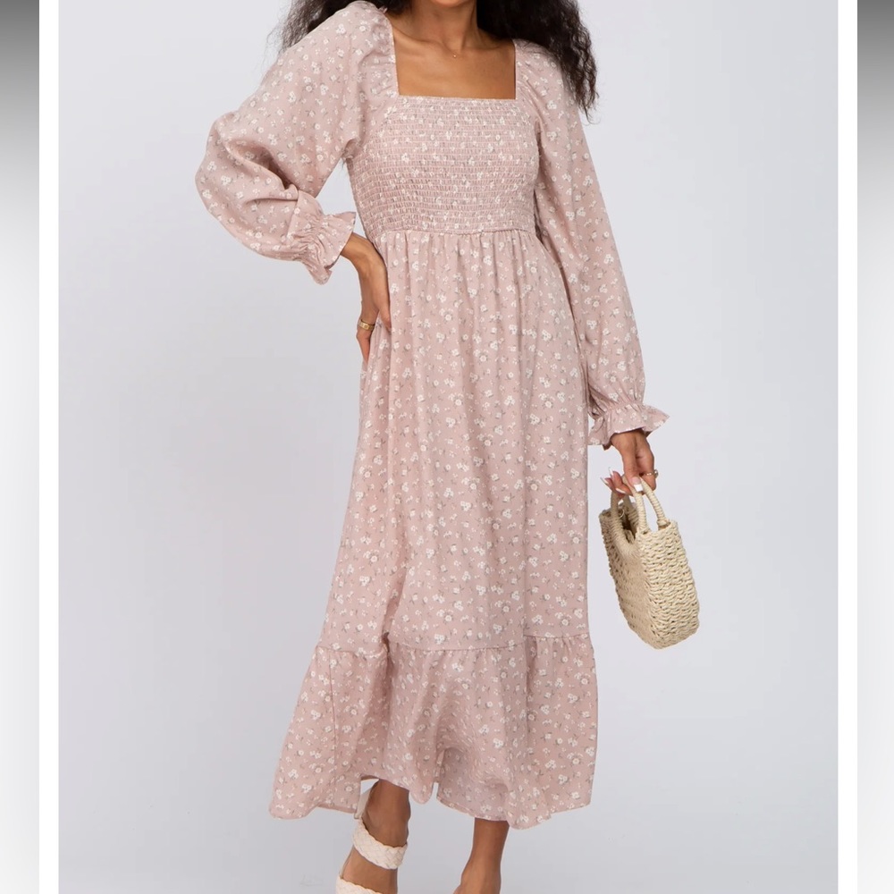 Light Pink Floral Square Neck MIDI Dress